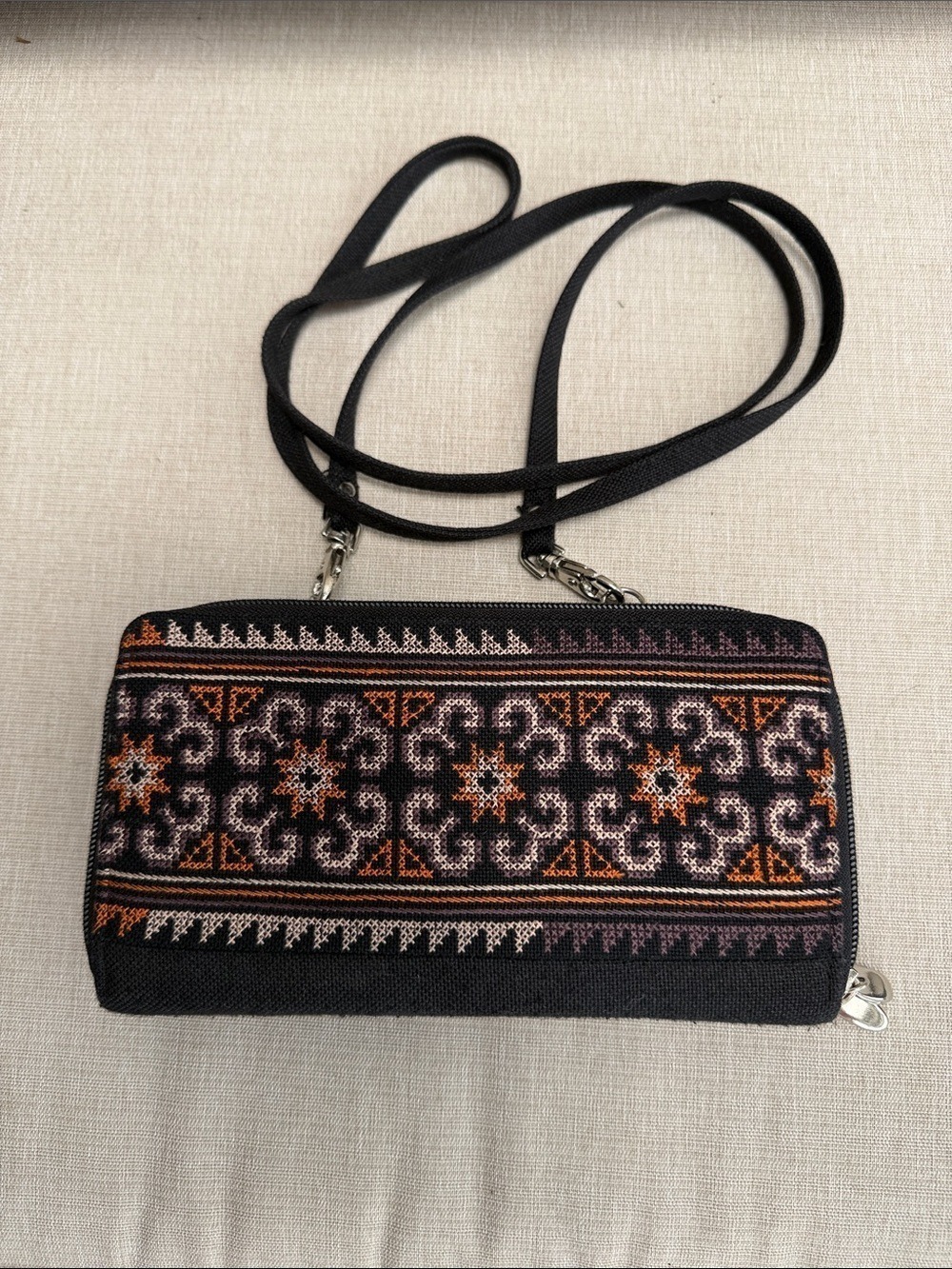 Black Embroidered Crossbody Wallet W/Removable Cloth Strap 4”x8” with 25” drop
